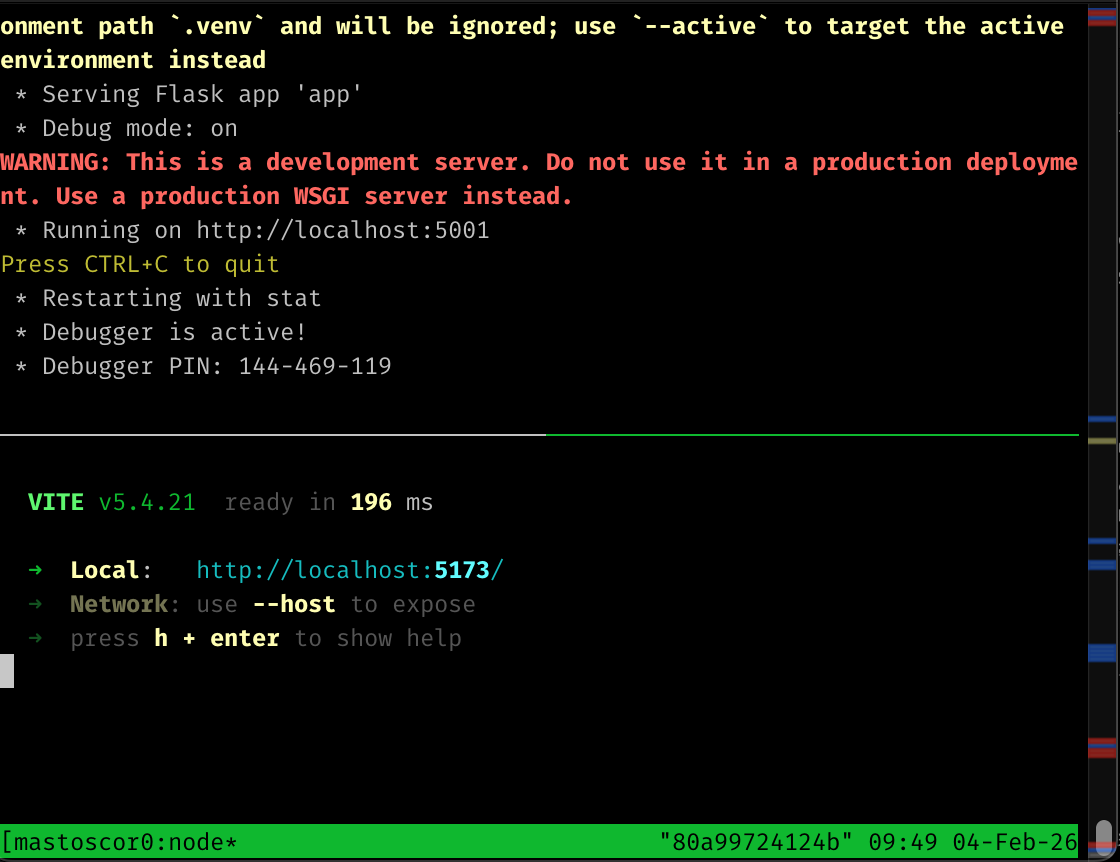 screenshot of back-end terminal window